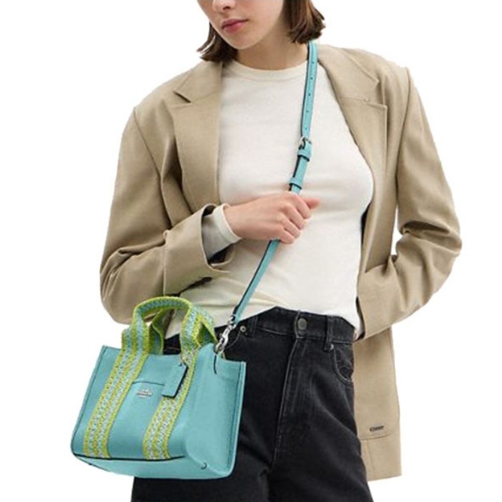 COACH Smith Tote Bag 24 Straw Leather Sv/Light Turquoise Multi